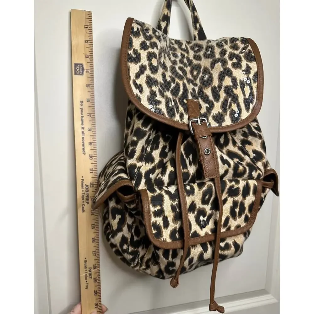 Leopard Print Sequin Full Size Backpack School Bag 17x13